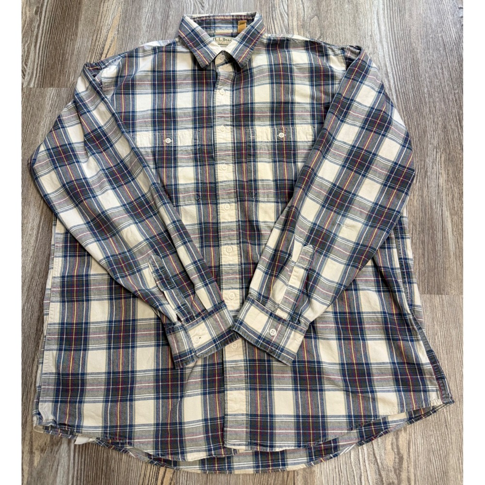Vintage LL Bean Plaid Flannel Shirt Mens XL Tall Made in USA Blue Cream Cotton